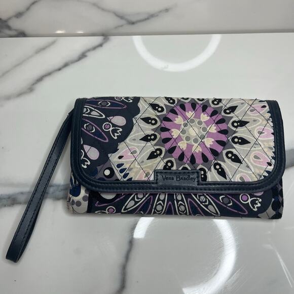 Vera Bradley Black Blue Purple Mimosa Medallion Print Clutch Wallet - Picture 1 of 6